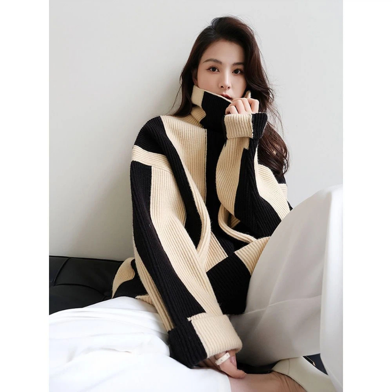 Winter Clothing Korean - Luźne swetry w paski z kontrastowymi