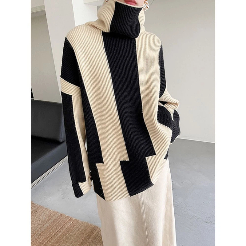 Luźne swetry w paski z kontras – Winter Clothing Korean recenzja i cena