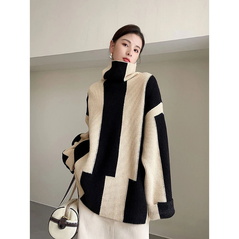 Luźne swetry w paski z kontras – Winter Clothing Korean recenzja i cena