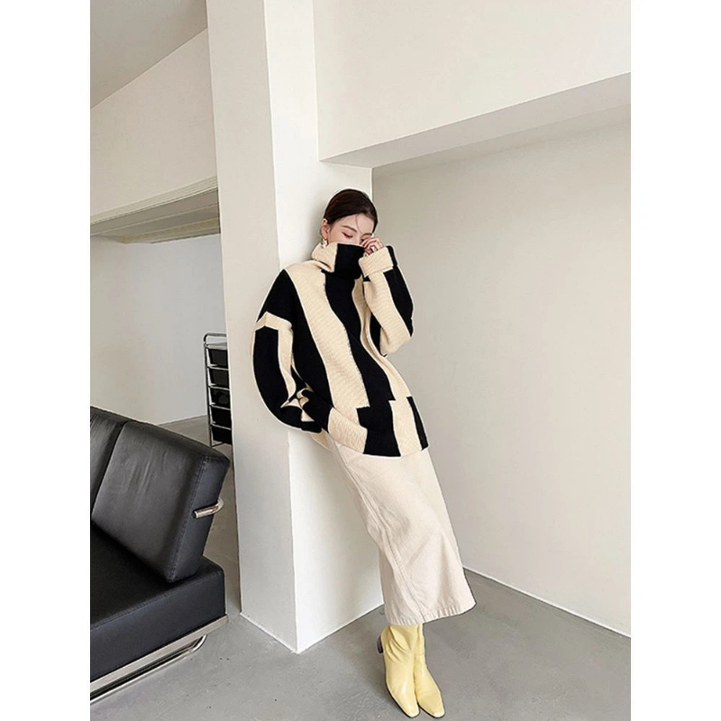 Luźne swetry w paski z kontras – Winter Clothing Korean recenzja i cena